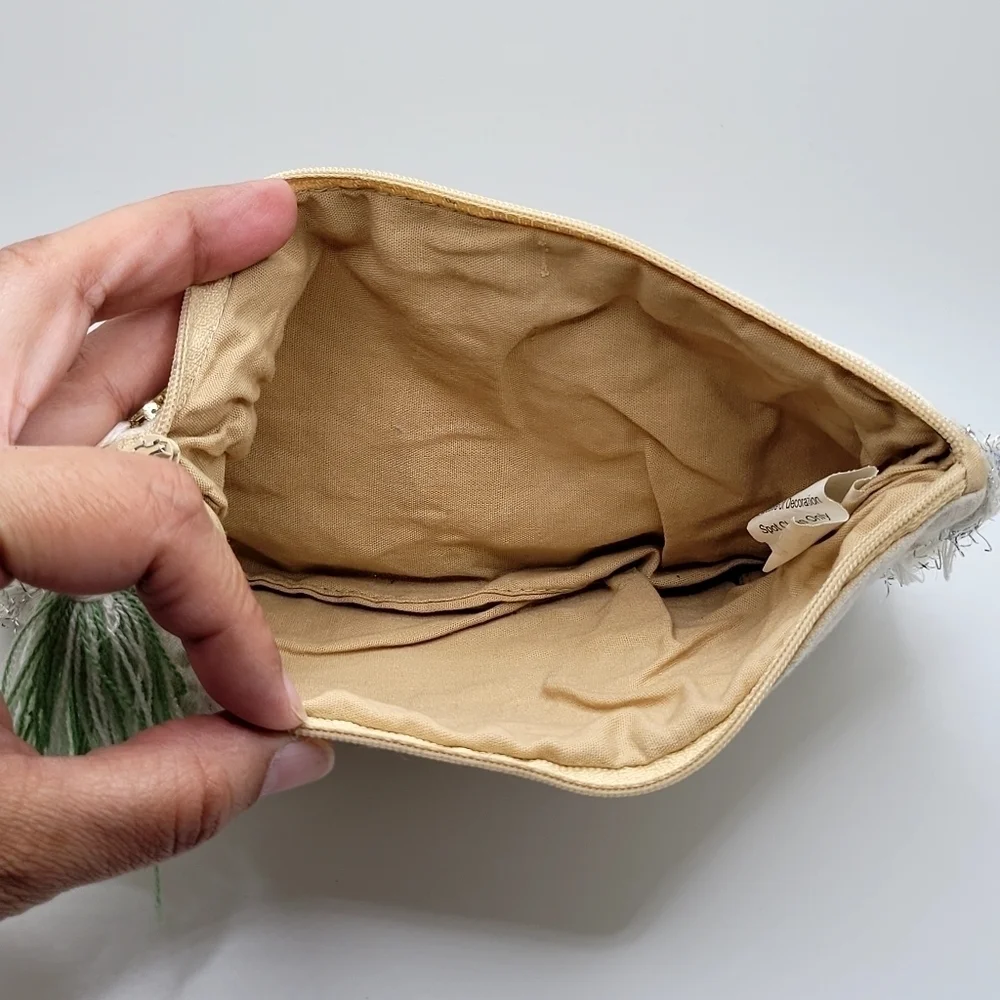 Fringe Beaded Sequins Tassle Cream Makeup Bag or Clutch Metallic Cotton Linen